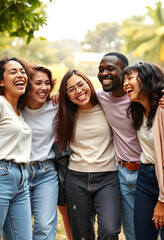 Fototapeta premium Diverse group of happy young adults laughing together outdoors, friendship and community