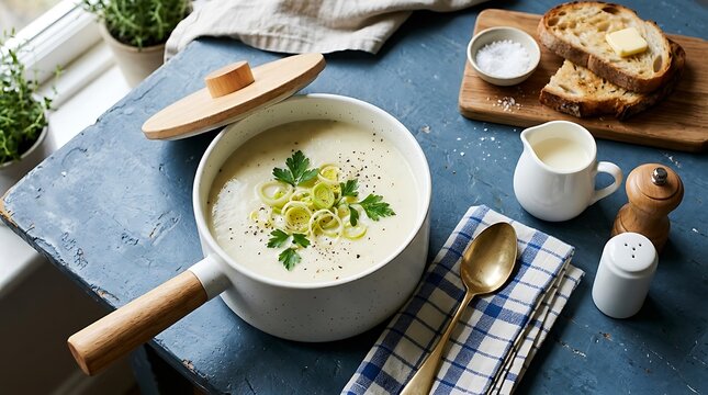 Creamy Leek and Potato Soup in a Rustic White Pot on Blue Table with Toasted Bread for Healthy Food Website Banner.