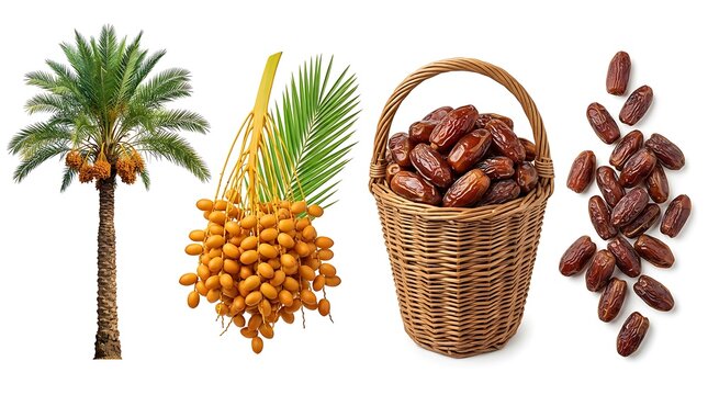 Date Fruit Collection with Palm Tree and Wicker Basket on White Background for Middle Eastern Food Promotion Graphic