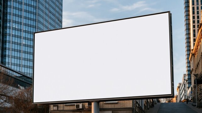 Blank billboard sign in a modern city street with tall buildings and blue sky, perfect for advertising mockups