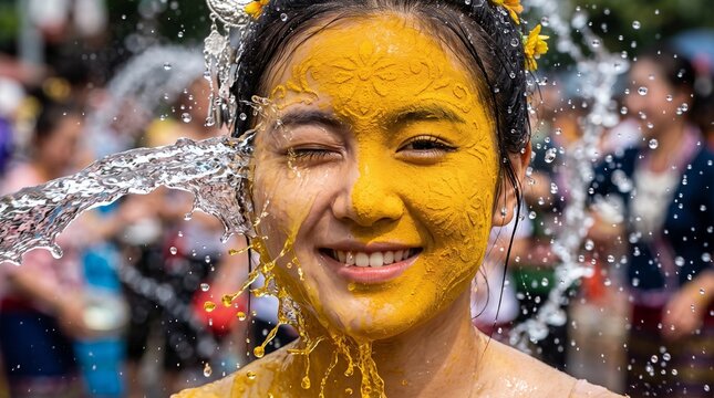 impacto de agua en rostro de mujer etnia dai