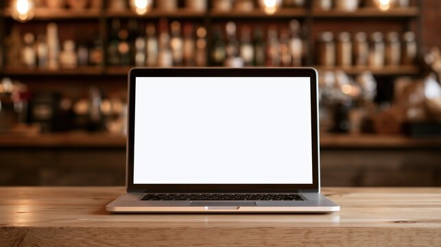 Open laptop with blank white screen on a wooden bar counter, blurred background of a cafe or restaurant