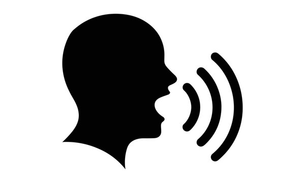 Minimalist black silhouette of an expressive person shouting loudly in flat light on a white background for vocal communication.