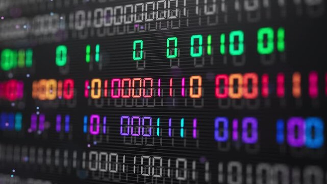 Seamless looped 3D animation of colorful binary digits flowing across a dark digital grid, ideal for technology, data, coding, networks, cybersecurity and futuristic backgrounds.