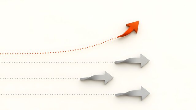 Business growth strategy and market leadership concept with orange arrow breaking away from gray trend lines