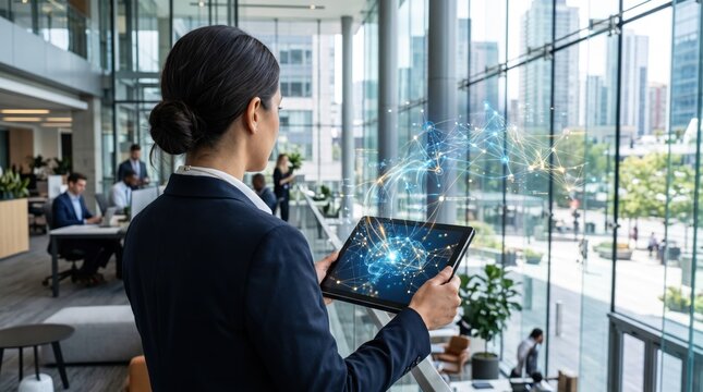 Businesswoman viewing holographic global network projection on tablet in modern office, corporate strategy planning with interconnected nodes, international business expansion