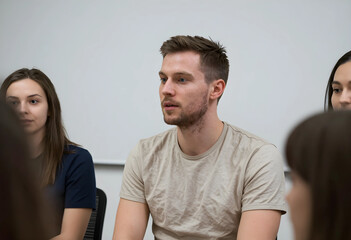 Obraz premium Young man with short beard and light brown hair listening attentively in a group setting, focused on discussion