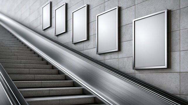 Five blank digital advertising screens mounted on a textured wall beside a modern escalator, ready for creative content display