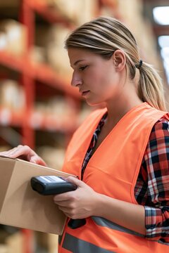 Female warehouse worker in safety vest scanning package with barcode reader in distribution center