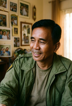 Smiling asian man in a green jacket looking away with family photos on the wall in the background