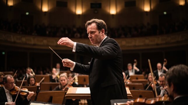 Conductor leading an orchestra with a baton during a classical music concert performance.