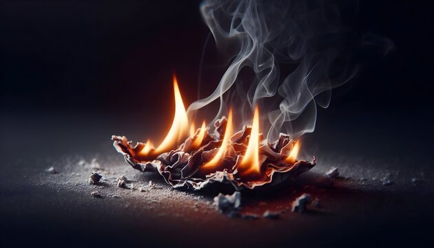 A small pile of burning material creating bright orange flames and thick grey smoke isolated against a dark black background setting