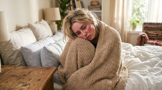 Woman sitting in bed feeling unwell, sick woman with cold or flu symptoms