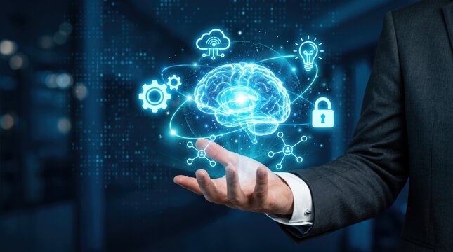 Businessman hand holding holographic artificial intelligence brain with digital icons representing cloud computing security innovation and neural network technology concept