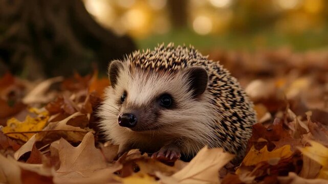 A charming hedgehog exploring a path of fallen leaves in autumn colors.
