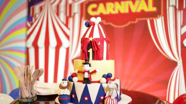First Birthday Carnival Theme Cake with Circus Tent Topper and Ringmaster Figurine