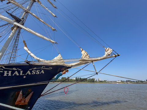 Antwerpen, Belgium, July 14, 2026 - Bowsprit and rigging of the tall ship Thalassa moored on the river Scheldt in Antwerpen, Belgi&euml;