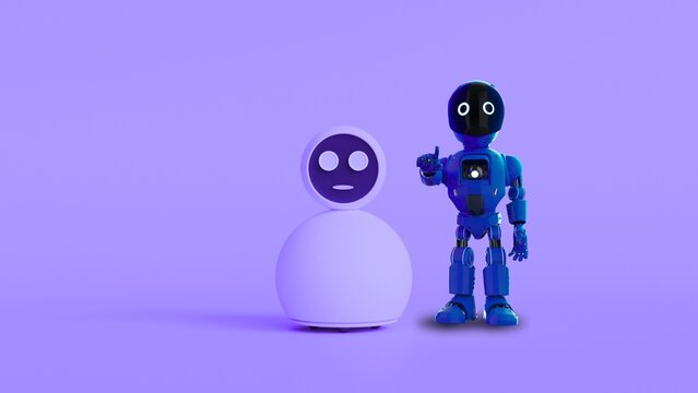 Two diverse robot characters stand together on purple studio backdrop