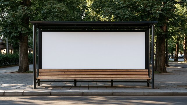 Blank billboard at a bus stop shelter with wooden bench and trees lining the street