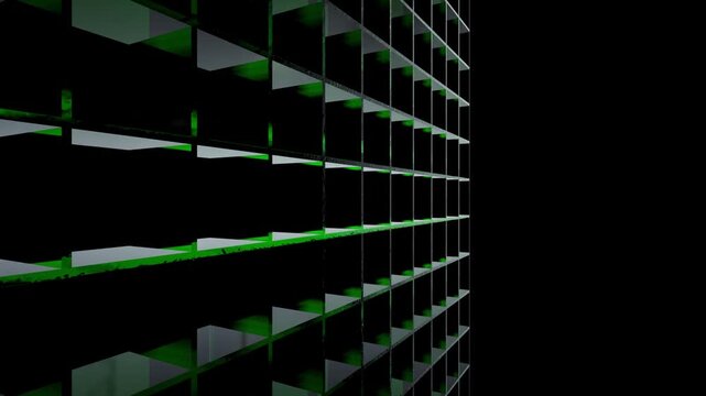 Futuristic green grid background, abstract digital matrix structure, glowing neon geometric lines on black, high-tech data visualization loop