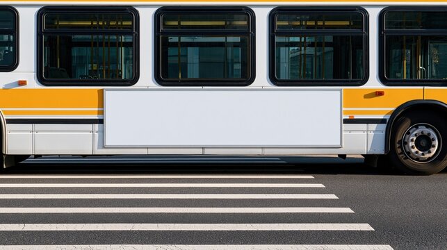 Blank Advertising Space on Side of Yellow and White Public Transit Bus at Crosswalk
