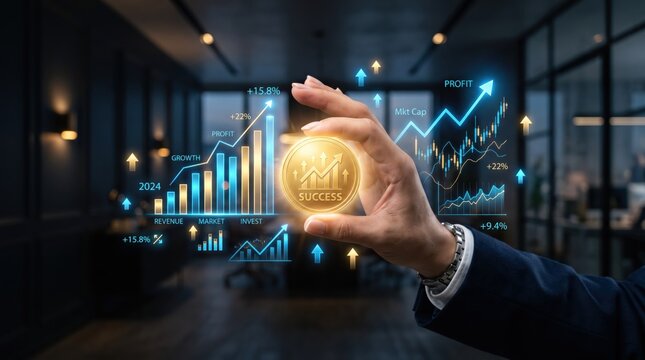 Hand holding golden success coin with holographic financial charts, profit growth analysis, business investment strategy concept for future market trends and economic development.