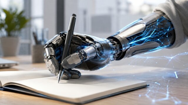 A futuristic robot hand writing with a black pen inside an open white notebook on a desk.