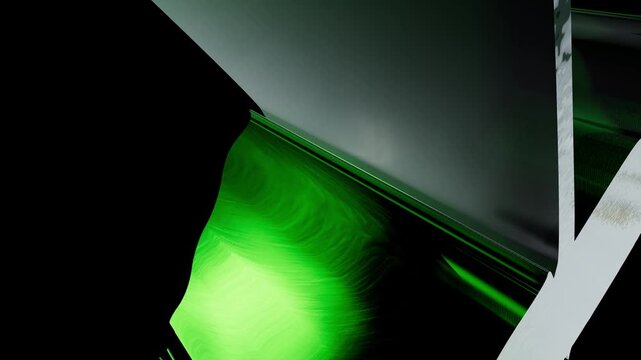 Futuristic green laser scanning technology, digital data processing on dark hardware surface, high-tech security and biometric verification concept