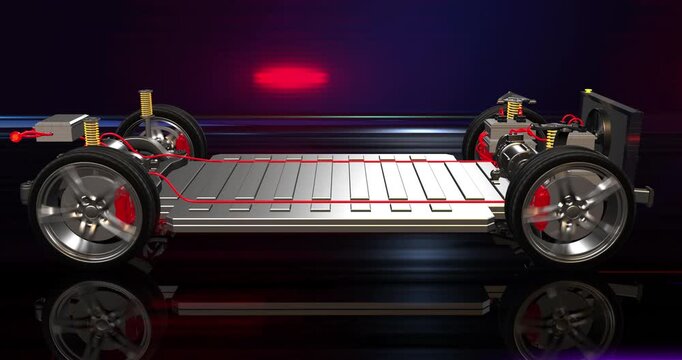 Futuristic electric car to dashboard start button battery and internal motor. Detailed 3D render of EV engine parts.