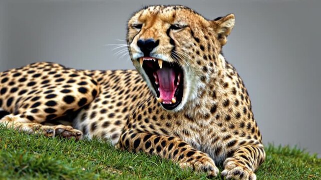A majestic spotted wild cat resting on green grass outdoors