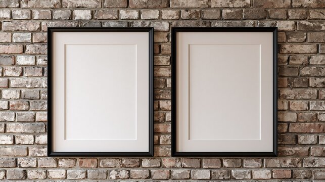 Two empty black framed pictures hanging on a distressed rustic brick wall, ready for custom artwork or photos