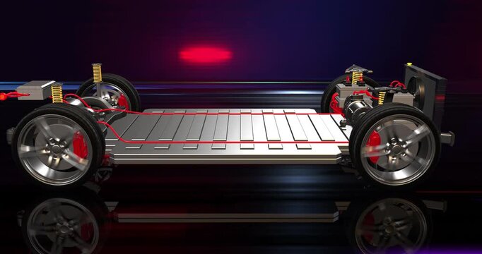 Electric sports car driving into dashboard start button battery and engine. Detailed 3D render of EV engine parts.