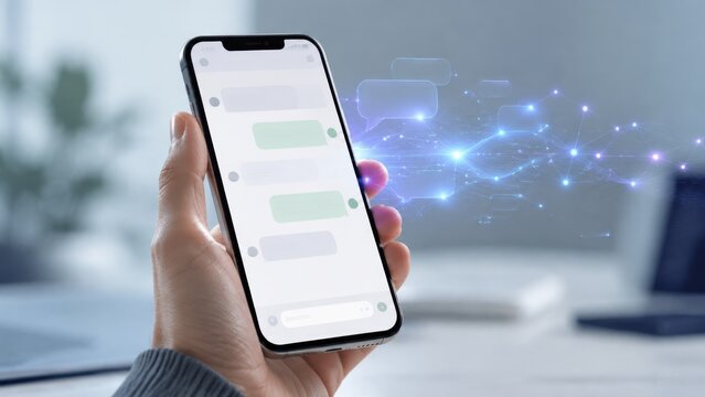 A hand holding a modern smartphone displaying a chat application connected to a glowing network technology concept.