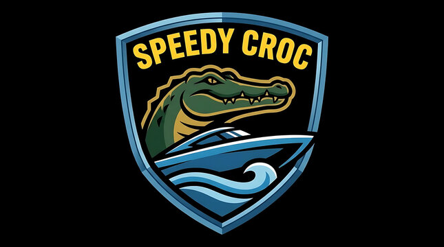 Speedy Croc mascot logo featuring alligator on motorboat.