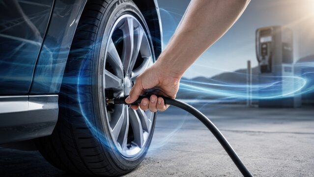 A hand holding a hose near a car tire and alloy wheel outdoors.