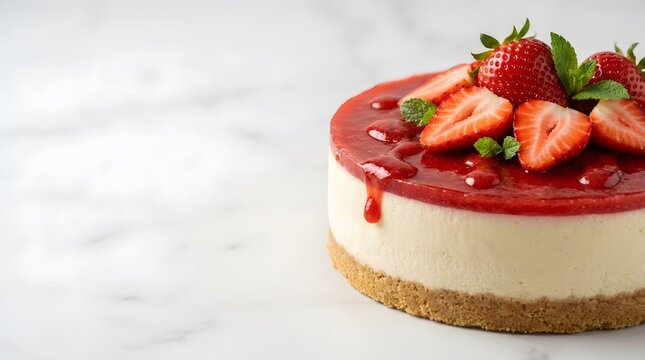 Delicious strawberry cheesecake with fresh fruit topping on a white marble background