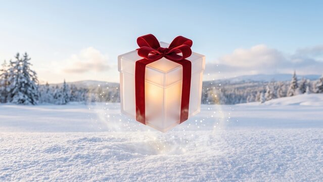 A glowing gift box tied with a red ribbon hovers above the deep snow in a cold winter scene.