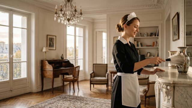A young adult female maid is dusting a decorative vase inside a bright luxury living room interior.