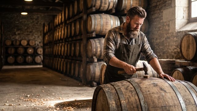 An artisan cooper repairs a wooden barrel with a small hammer inside a rustic workshop.