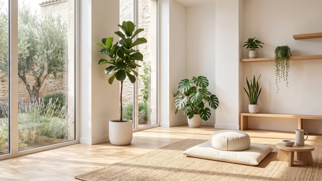 Bright modern living room featuring lush houseplants and comfortable meditation cushions on a wooden floor.