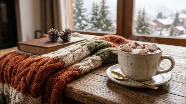 Cozy winter hot chocolate with marshmallows sitting on a wooden table near a snowy window.