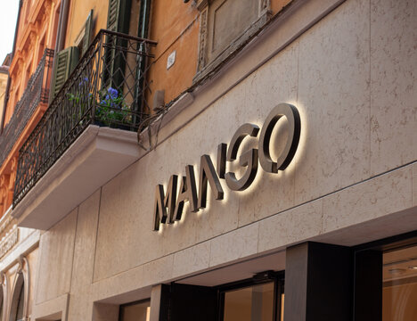Mango Store Sign on Stone Facade of Historic street Building wall. Verona, Italy - June 25, 2026