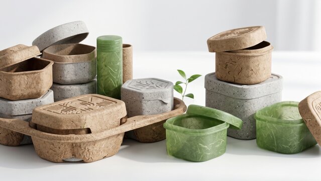 Eco natural packaging containers and boxes displayed together with small green plant leaves.