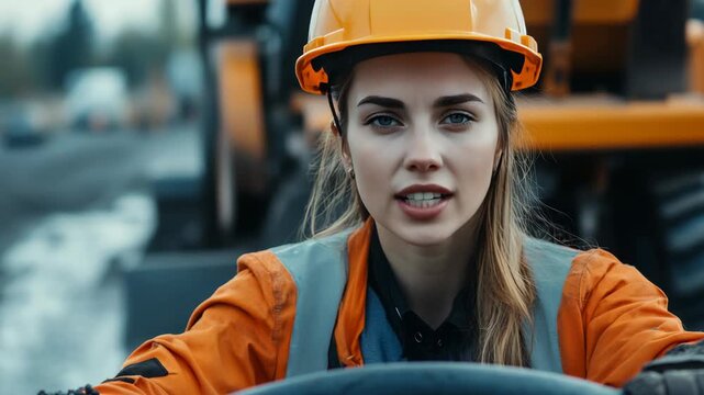 A female construction worker in an orange vest and hard hat operating a piece of heavy machinery. She appears focused on her work.