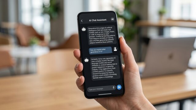 A person holding a smartphone displaying an ai chat assistant application interface in their hand.