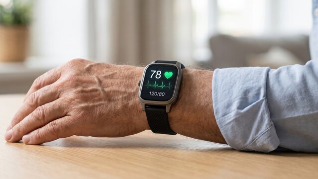 Smartwatch on senior man wrist showing heart rate and health monitor data on screen.