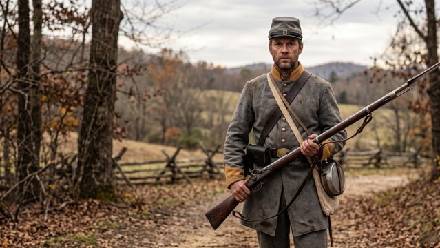 Civil war soldier standing outdoors holding a rifle wearing uniform and hat in autumn forest landscape.