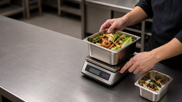Professional worker weighing food container on digital laboratory scale in kitchen with weighing professional container measurement restaurant nutrition catering preparation culinary