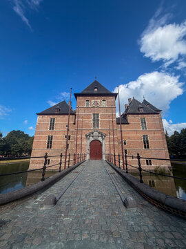 Turnhout, Belgium, July 19, 2026 - Historic moated castle of the Dukes of Brabant with cobblestone bridge in Turnhout, Belgi&euml;