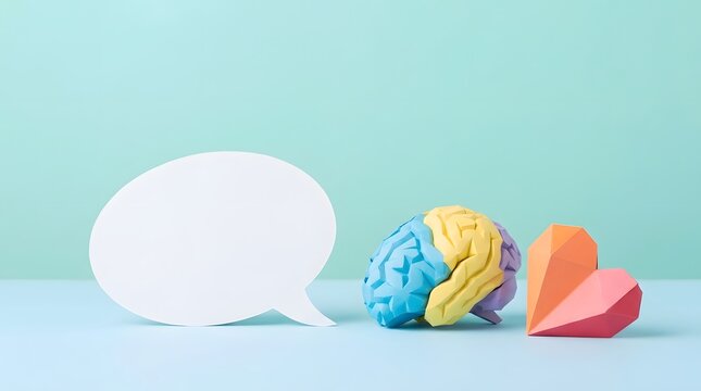 World mental health day paper craft brain and heart with speech bubble on blue background